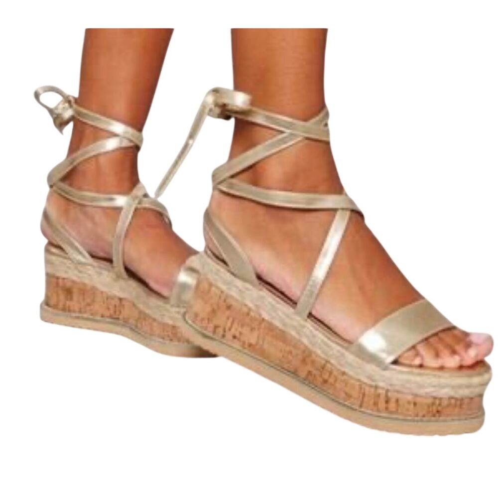 Pretty Little Thing Gold Espadrille Lace Up Flatform Sandals Wedges Shoes Sz 5